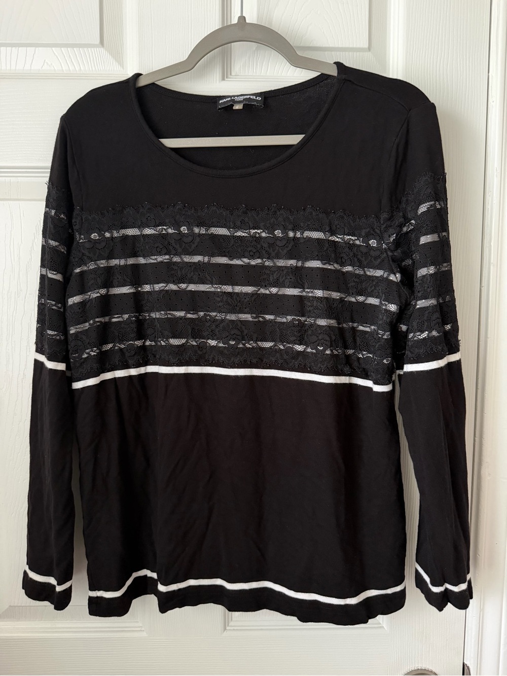 Karl Lagerfeld Paris Black Lace Stripe Long Sleeve Knit Top Size Medium